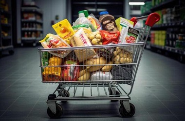 Home shopping cart full of product in grocery store generative ai photo